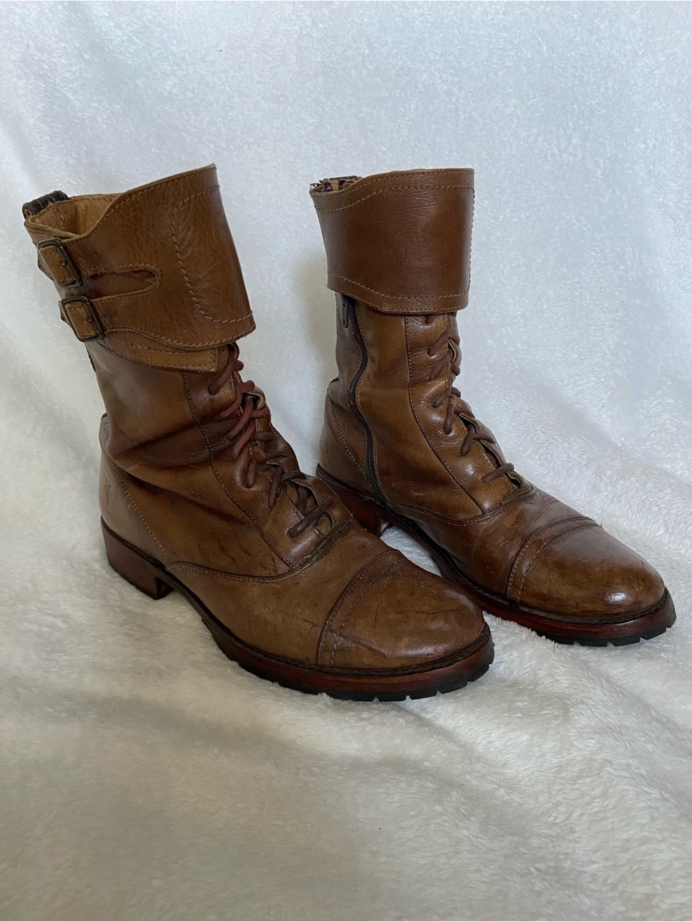 Frye Julie Brown Leather Combat Boots Size 9B Reheeled Resoled